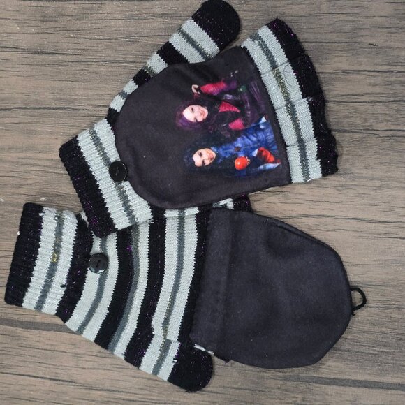 Disney ✦ Descendants Kids Gloves ✦ 2-Pack Black & Striped Convertible NWT - Picture 4 of 5